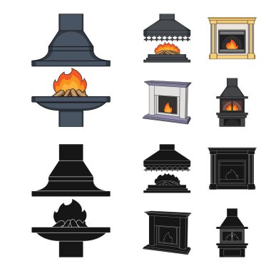 Yangın, sıcaklık ve konfor. Şömine toplama simgeler çizgi film, siyah stil vektör simge stok çizim web ayarla..