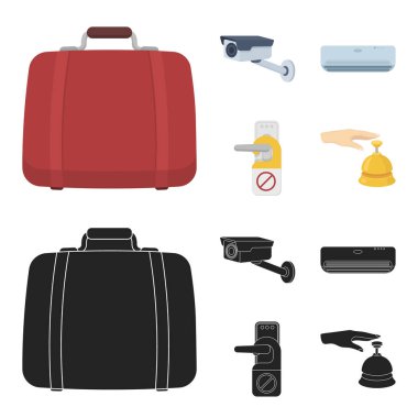 Bagaj, güvenlik kamerası, Klima, işareti rahatsız etmeyin. Otel çizgi film, siyah stil vektör simge stok çizim web simgeler ayarla.