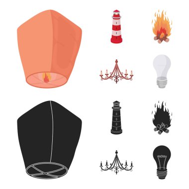 Işık bir fener, bir deniz feneri, bir yangın, mumlar ile bir avize. Çizgi film, siyah stil vektör simge stok çizim web simgeler ışık kaynağı ayarla.