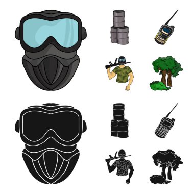 Ekipman, maske, varil, barikat. Paintball toplama simgeler çizgi film, siyah stil vektör simge stok çizim web ayarla..