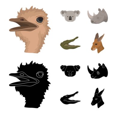 Devekuşu, koala, gergedan, timsah, gerçekçi hayvanlar çizgi film, siyah stil vektör simge stok çizim web simgeler ayarla.