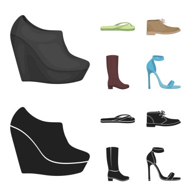 Bir yüksek platform, parmak arası terlik yeşil gevşeme, kumlu erkek sonbahar ayakkabı, kahverengi çizme için sonbahar siyah ayakkabılarla. Çizgi film, siyah stil vektör simge stok çizim web simgeler Ayakkabı ayarla