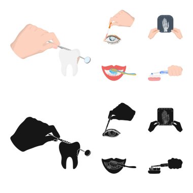 Çizgi film, siyah tarzda muayene diş, göz ve diğer web simgesi korumak. Bir anlık görüntüsünü el, küme koleksiyon simgeleri Temizleme diş.