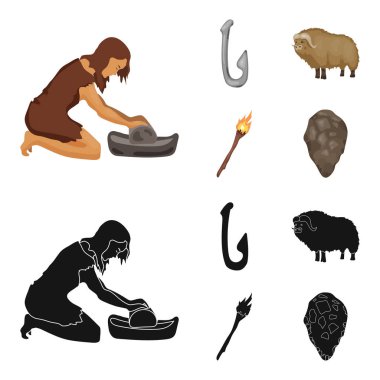 Sığır, yakalamak, kanca, Balık tutma. Taş devri çizgi film, siyah stil vektör simge stok çizim web simgeler ayarla.