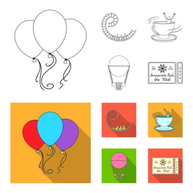Roller coaster binmek, balon sepet, caruelle Kupası, parkın girişinde bir bilet ile. Eğlence Parkı toplama simgeler anahat, düz stil vektör simge stok çizim web ayarla..