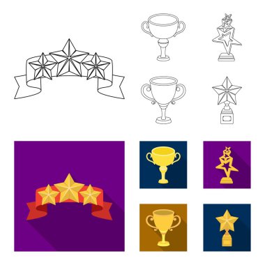 Gümüş Kupası ikincilik için stand, bir yıldız, bir gold Kupası ile bir fincan altın yıldız. Kupalar ve ödüller anahat, düz stil vektör simge stok çizim web simgeler ayarla.