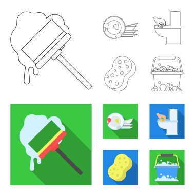 Temizlik ve hizmetçi anahat, düz simgeler toplama tasarımı için ayarlayın. Vektör simge stok web illüstrasyon Temizleme için donatım.