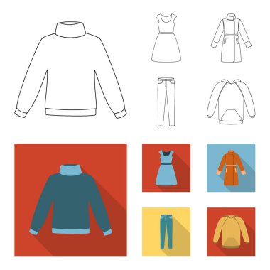 Elbise kısa kollu, pantolon, Mont, raglan ile. Giyim koleksiyonu simgeleri anahat, düz stil vektör simge stok illüstrasyon ayarla. .