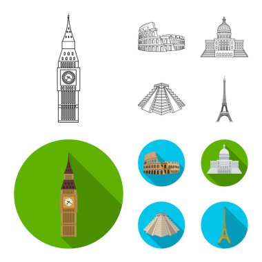 Farklı ülkelerin manzaraları anahat, set koleksiyonu tasarım için düz simgeler. Ünlü bina sembol stok web illüstrasyon vektör.
