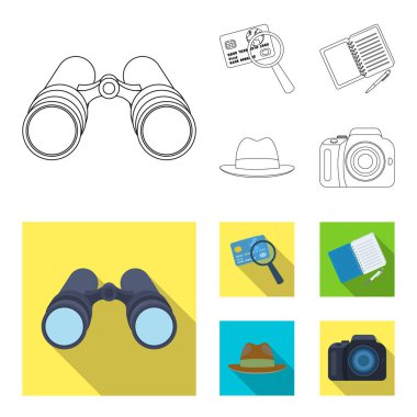 Kamera, Büyüteç, şapka, defter kalem ile. Dedektif toplama simgeler anahat, düz stil vektör simge stok çizim web ayarla..