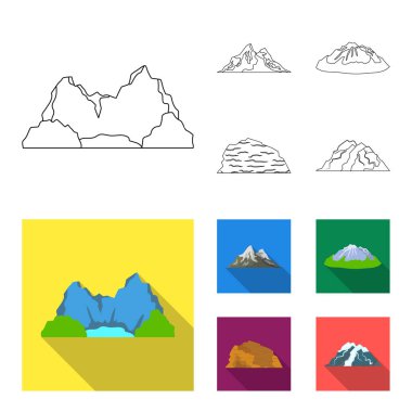 Çölde, bir karlı tepe, bir ada bir buzul, karla kaplı bir dağ ile dağlarda. Anahat, düz stil vektör simge stok çizim web simgeler farklı dağlar ayarla.