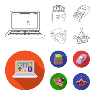 Çanta, para, touch, askı ve diğer ekipmanlar. E ticaret toplama simgeler anahat, düz stil vektör simge stok çizim web ayarla..