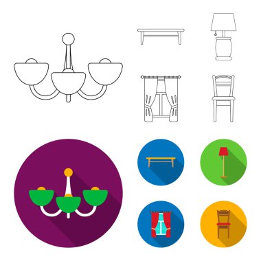 Bir sehpa, bir lamba, perdeler, bir sandalye. Mobilya toplama simgeler anahat, düz stil vektör simge stok çizim web ayarla..