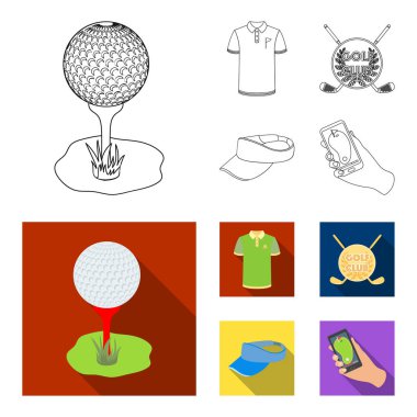Golf club, güneşlik, golfçü gömlek, telefon bir navigator ile kap arması. Golf club toplama simgeler anahat, düz stil vektör simge stok çizim web ayarla..