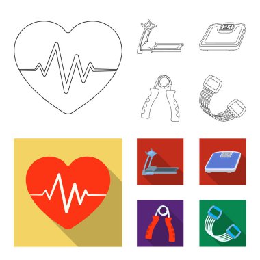 Koşu bandı, ölçekler, expander ve ekipman eğitim için diğer. Spor ve egzersiz anahat, düz stil vektör simge stok çizim web simgeler ayarla.