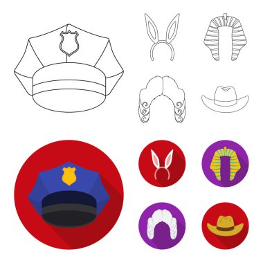 Tavşan kulağı, Yargıç peruk, kovboy. Şapka koleksiyonu simgeleri anahat, düz stil vektör simge stok çizim web ayarla..