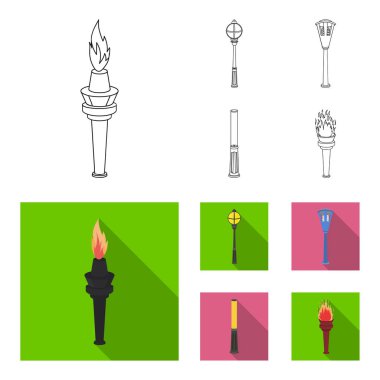 Retro tarzı, modern fener, meşale ve diğer tip-in sokak sokak lâmbası direği. Elektrik direği toplama simgeler anahat, düz stil vektör simge stok illüstrasyon ayarla. .