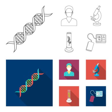 Tüp bebek bitki, Hemşire, mikroskop, tonometer. İlaç toplama simgeler anahat, düz stil vektör simge stok çizim web ayarla..