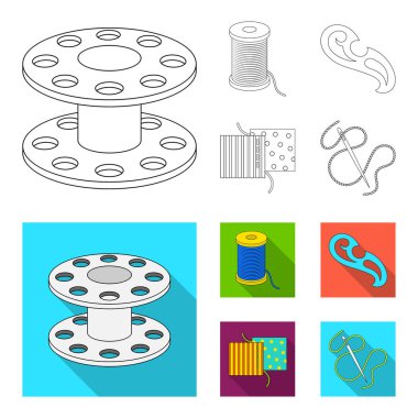 Bir makara ile konu, bir iğne, bir curl, kumaş dikiş. Dikiş veya araçları terzilik anahat, düz stil vektör simge stok çizim web simgeler ayarla.