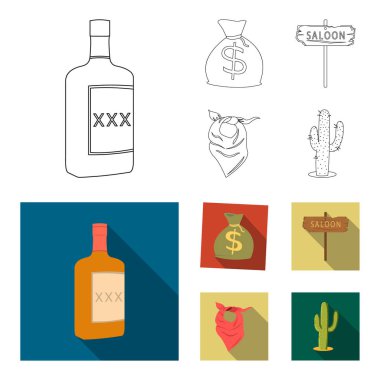 Para, salon, kovboy fuları, kaktüs torba. Vahşi Batı toplama simgeler anahat, düz stil vektör simge stok çizim web ayarla..