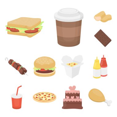Fast food çizgi film set koleksiyonu tasarım için simgeler. Yarı bitmiş ürünler gıdalardan sembol stok web illüstrasyon vektör.