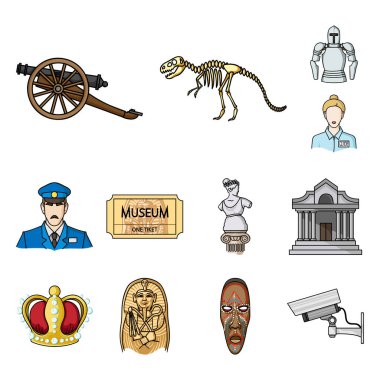 Set koleksiyonu tasarım için müze ve Galeri karikatür simgeler. Depolama ve serginin görülmeye değer parça sembol stok web illüstrasyon vektör.