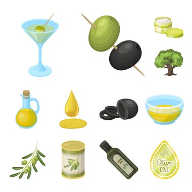 Set koleksiyonu tasarım için zeytin, gıda karikatür simgeler. Zeytin yağı, vektör simge stok web illüstrasyon baharat.