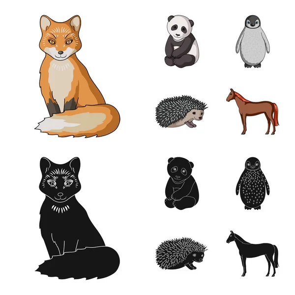 Fox, panda, Jeż, Pingwin i innych zwierząt. Zwierzęta zestaw kolekcji ikon w kreskówce, czarny styl wektor symbol ilustracji w sieci web. — Wektor stockowy