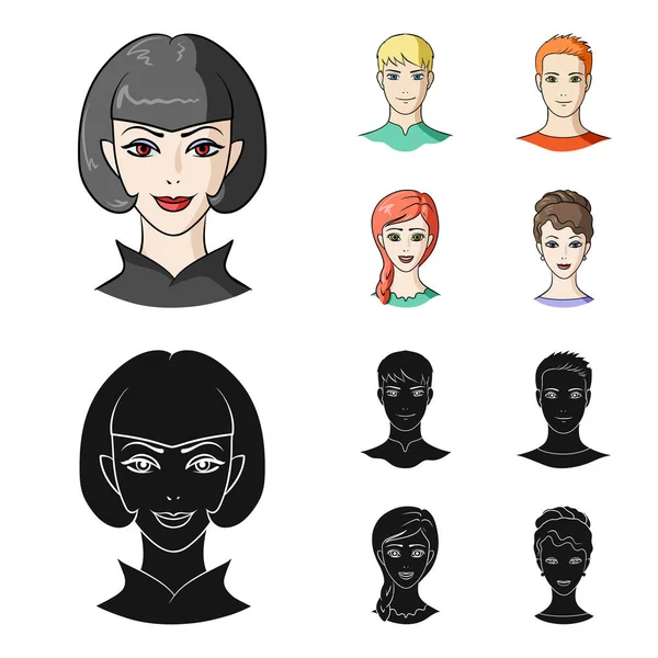 Diferentes olhares de jovens pessoas.Avatar e ícones de coleção de conjuntos de rosto em desenhos animados, estilo preto símbolo vetorial ilustração web . —  Vetores de Stock