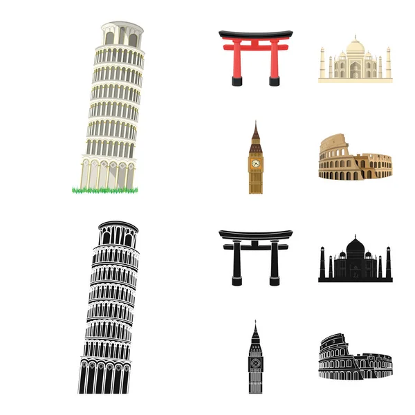 Bezienswaardigheden van verschillende landen cartoon, zwarte pictogrammen in set collectie voor design. Beroemde gebouw symbool voorraad web illustratie vector. — Stockvector