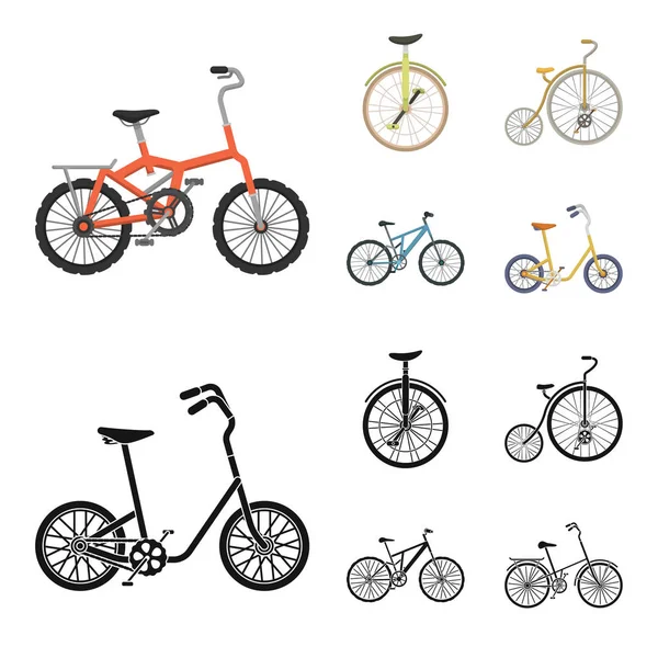 Retro, monociclo y otros tipos. Diferentes bicicletas establecen iconos de la colección en dibujos animados, negro estilo vector símbolo stock ilustración web . — Archivo Imágenes Vectoriales