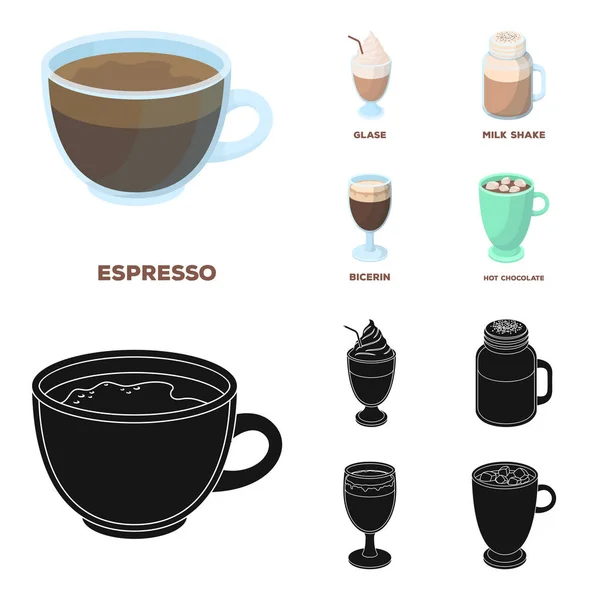 Esprecco, glase, milk shake, bicerina.Diferentes tipos de ícones de coleção de conjuntos de café em desenhos animados, estilo preto símbolo vetorial ilustração web . — Vetor de Stock