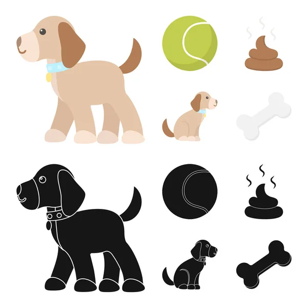 Собака сидит, собака стоит, теннисный мяч, фекалии. Иконки коллекции собак в мультфильме, черного стиля векторные символы фондовые иллюстрации веб . — стоковый вектор