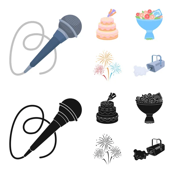 El bir kek krem, bir kablo ile bir mikrofon, bir buket gül bir tebrik kartı, bir festival selam ile yapmak. Etkinlik Hizmetleri toplama simgeler çizgi film, siyah stil vektör simge stok ayarla.