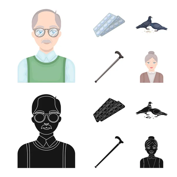 Ældre mænd, tabletter, duer, walking cane.Alderdom sæt samling ikoner i tegneserie, sort stil vektor symbol bestand illustration web . – Stock-vektor