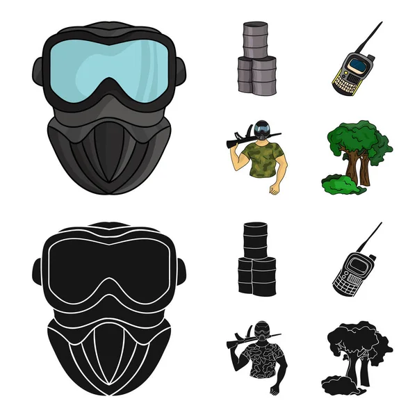 Ekipman, maske, varil, barikat. Paintball toplama simgeler çizgi film, siyah stil vektör simge stok çizim web ayarla..