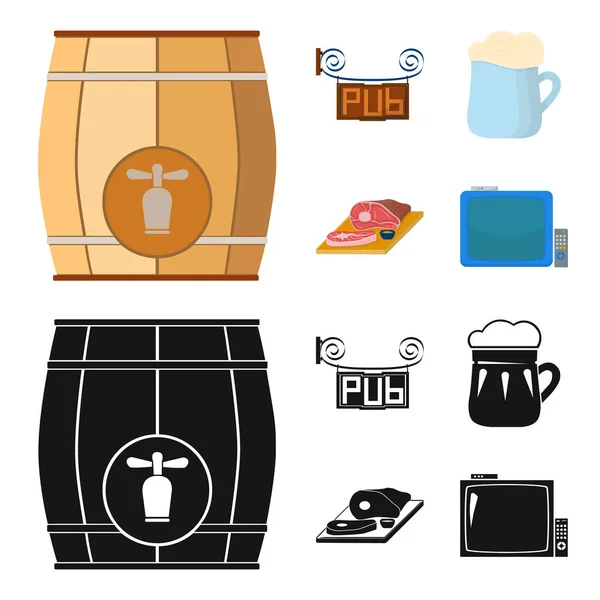 Un barile di legno con un rubinetto, un cartello pub, una tazza di birra, pezzi di carne su una tavola.Pub set icone di raccolta in cartone animato, stile nero vettore simbolo stock illustrazione web . — Vettoriale Stock