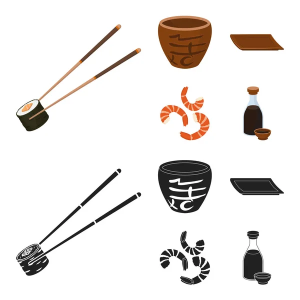 Palos, camarones, sustrato, bowl.Sushi conjunto de iconos de la colección en la historieta, negro estilo vector símbolo stock ilustración web . — Vector de stock