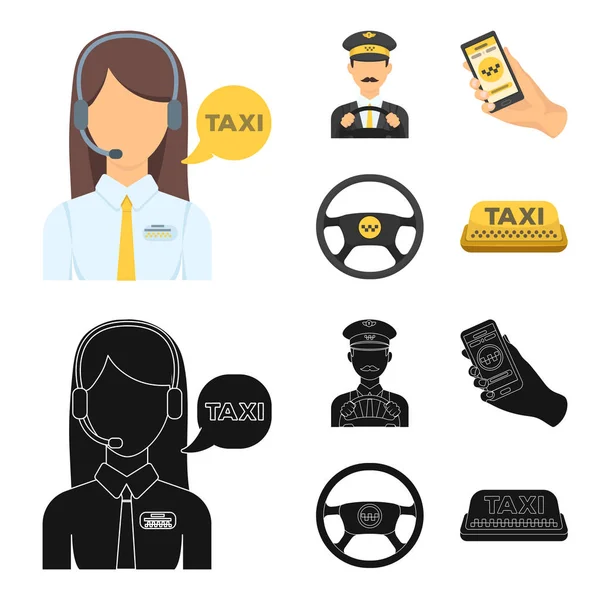 Un taxista con un micrófono, un taxista al volante, un teléfono celular con un número, un volante de coche. Taxi set colección iconos en dibujos animados, negro estilo vector símbolo stock ilustración web . — Vector de stock