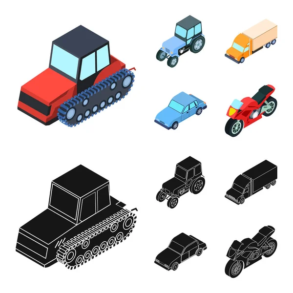 Ciągnik, caterpillar tractor, ciężarówka, samochód. Zestaw do transportu kolekcji ikon w kreskówce, czarny styl wektor symbol ilustracji w sieci web. — Wektor stockowy