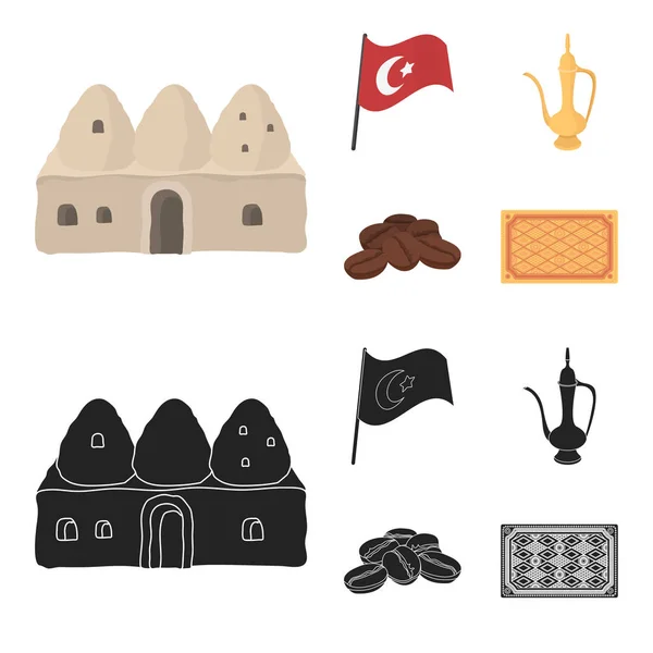 Dům podregistr, státní vlajka, káva hrnec mědi, zrna kávy. Turecko sada kolekce ikon v karikatuře, černá styl vektor symbol akcií ilustrace web. — Stockový vektor