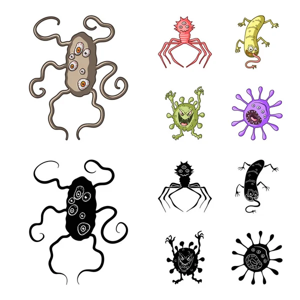 Diferentes tipos de microbios y virus. Los virus y bacterias establecen iconos de colección en dibujos animados, negro estilo vector símbolo stock ilustración web . — Archivo Imágenes Vectoriales