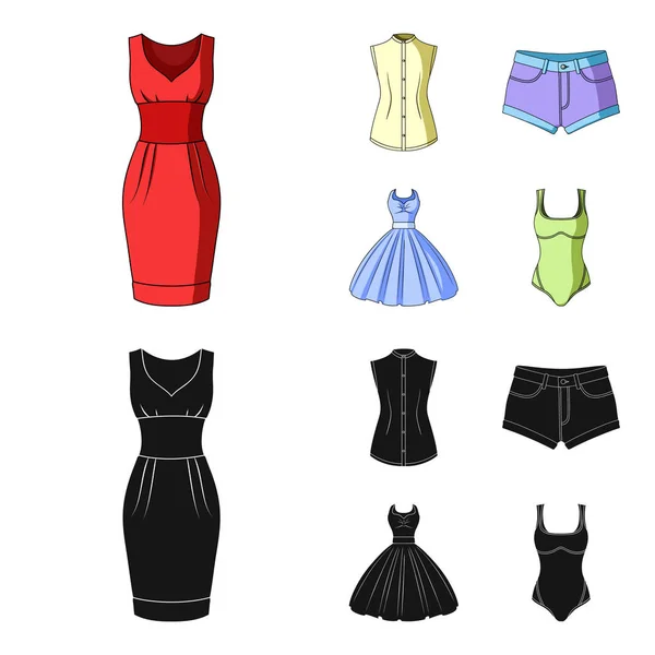 Mujer Ropa de dibujos animados, iconos negros en la colección de conjuntos para design.Clothing Variedades y accesorios vector símbolo stock web ilustración . — Vector de stock