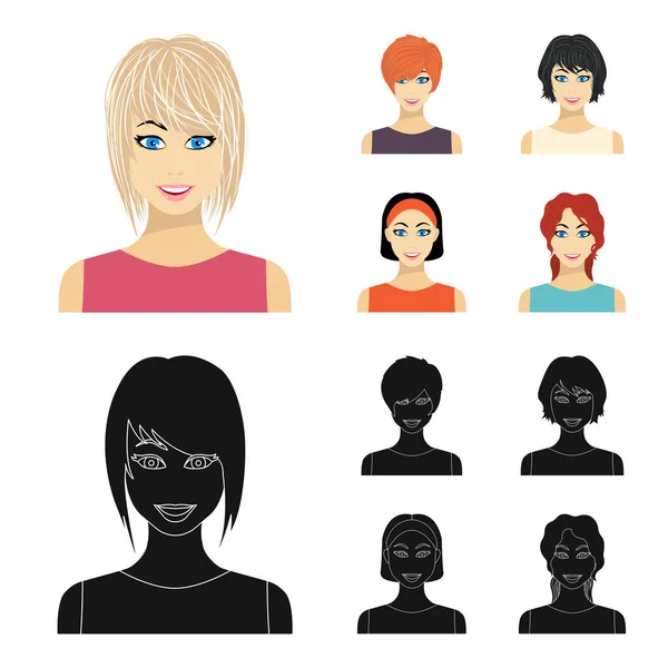 Tipos de peinados femeninos de dibujos animados, iconos negros en la colección de conjuntos para el diseño. Apariencia de una mujer vector símbolo stock web ilustración . — Vector de stock