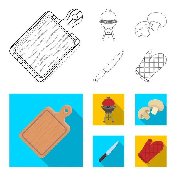 Barbacoa parrilla, champiñones, cuchillo, mitten.BBQ conjunto de iconos de la colección en el contorno, vector de estilo plano símbolo stock illustration, web — Vector de stock