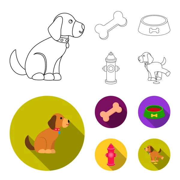 Um osso, um hidrante de fogo, uma tigela de comida, um cão mijador.Cão conjunto de ícones de coleta em esboço, estilo plano símbolo vetorial estoque ilustração web . — Vetor de Stock