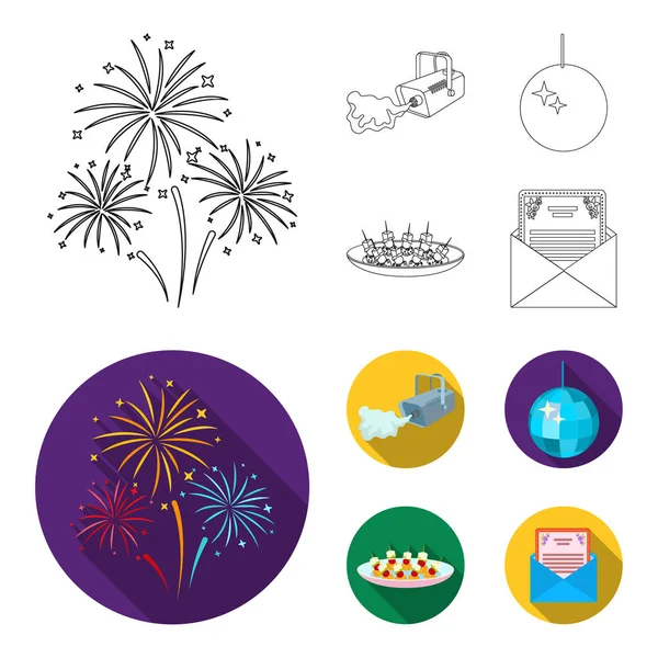 A video camera with smoke, a twirling holiday ball, a plate of sandwiches, an envelope with a greeting card. Event services set collection icons in outline,flat style vector symbol stock illustration — Stock Vector