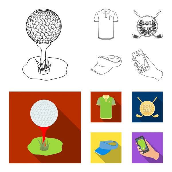 Golf club, güneşlik, golfçü gömlek, telefon bir navigator ile kap arması. Golf club toplama simgeler anahat, düz stil vektör simge stok çizim web ayarla..