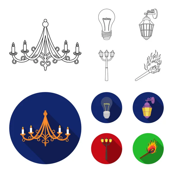 LED ışık, sokak lambası, aynı. Işık kaynağı anahat, düz stil vektör simge stok çizim web simgeler ayarla.