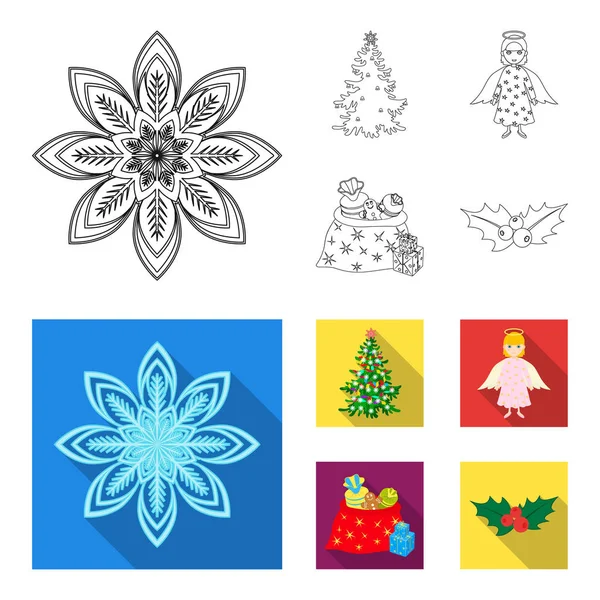 Рождественская елка, ангел, подарки и очертания, плоские иконы в наборе коллекции для дизайна. Рождественская векторная веб-иллюстрация . — стоковый вектор